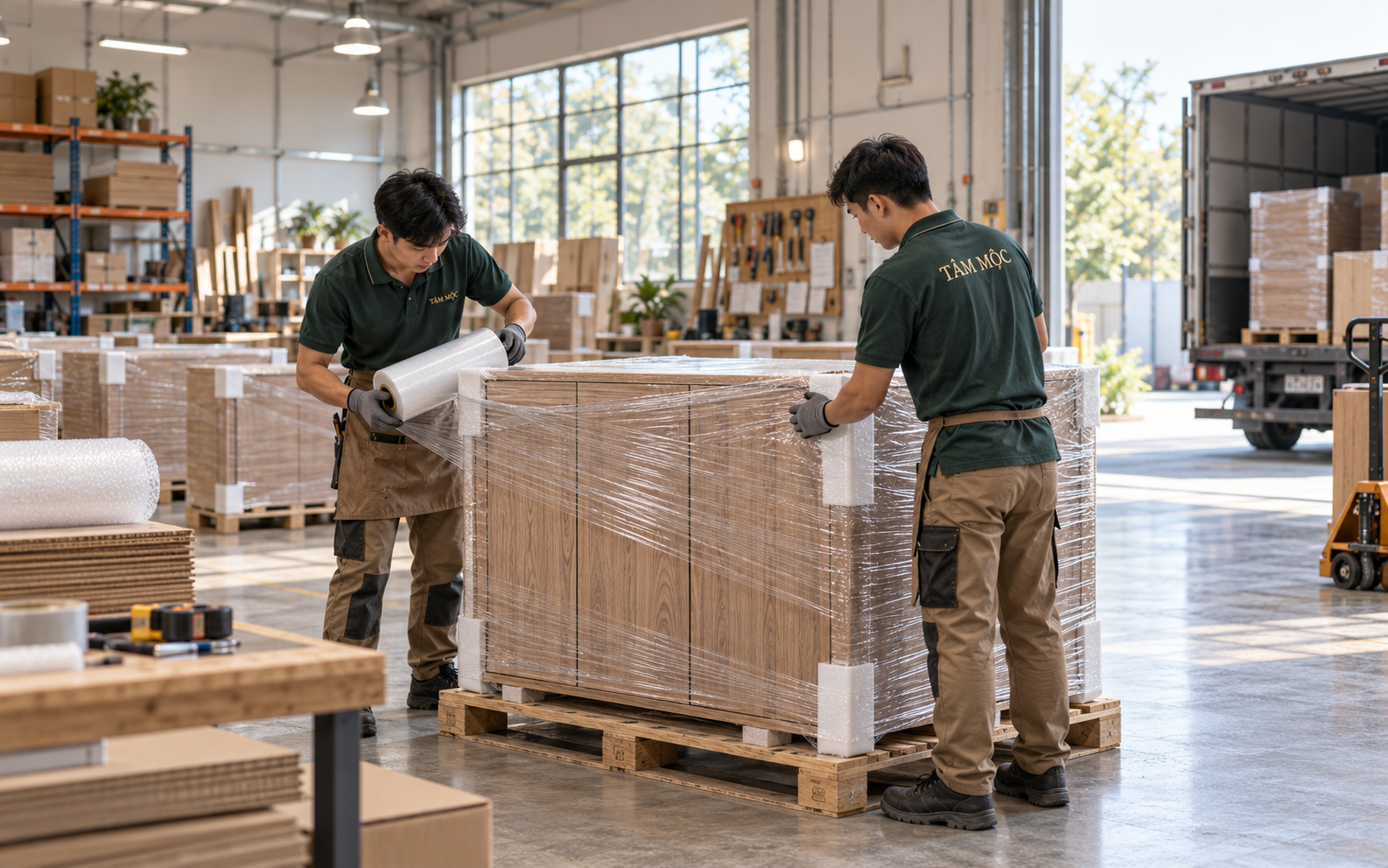 Đội thợ Tâm Mộc đóng gói nội thất tại xưởng