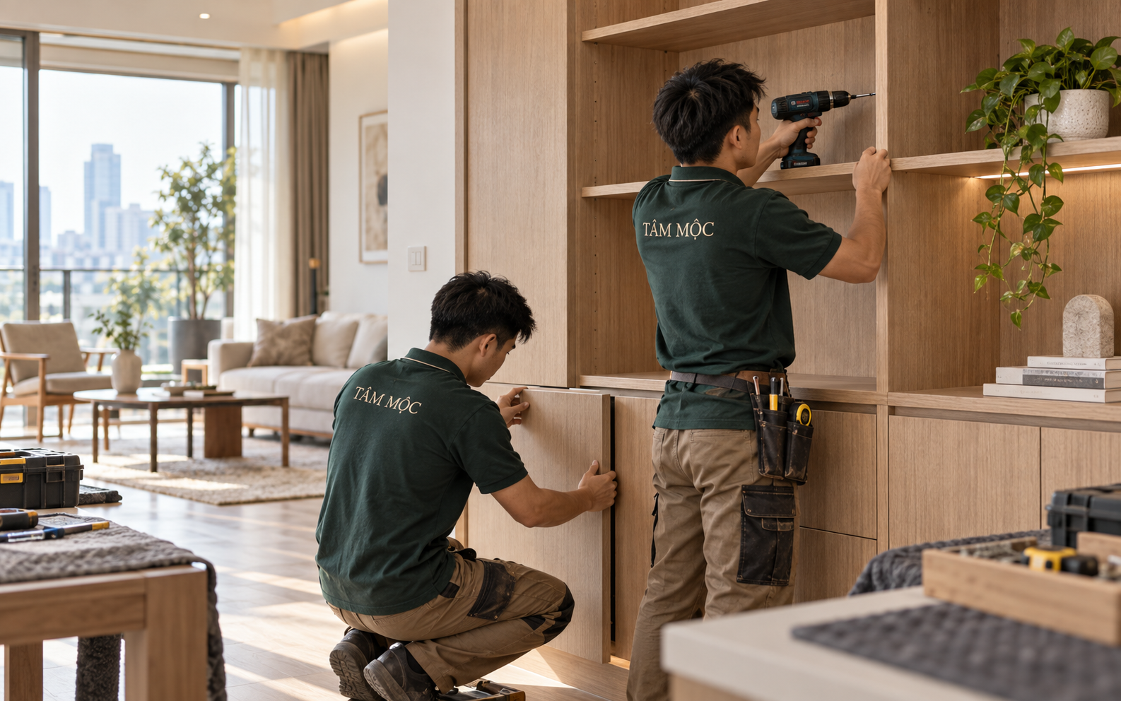 Đội thợ Tâm Mộc lắp đặt nội thất tại công trình