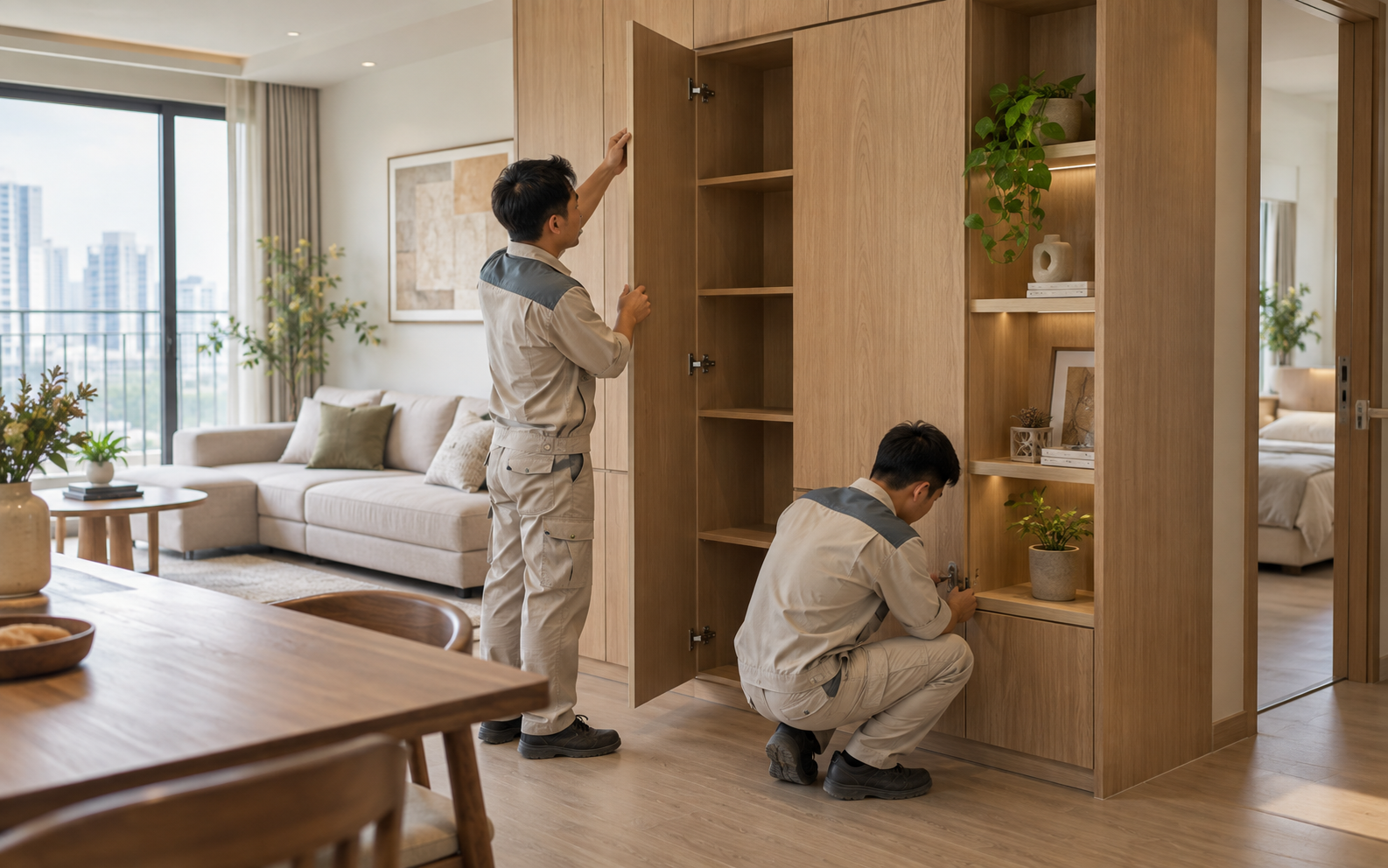 Đội thợ Tâm Mộc lắp đặt nội thất tại căn hộ khách hàng