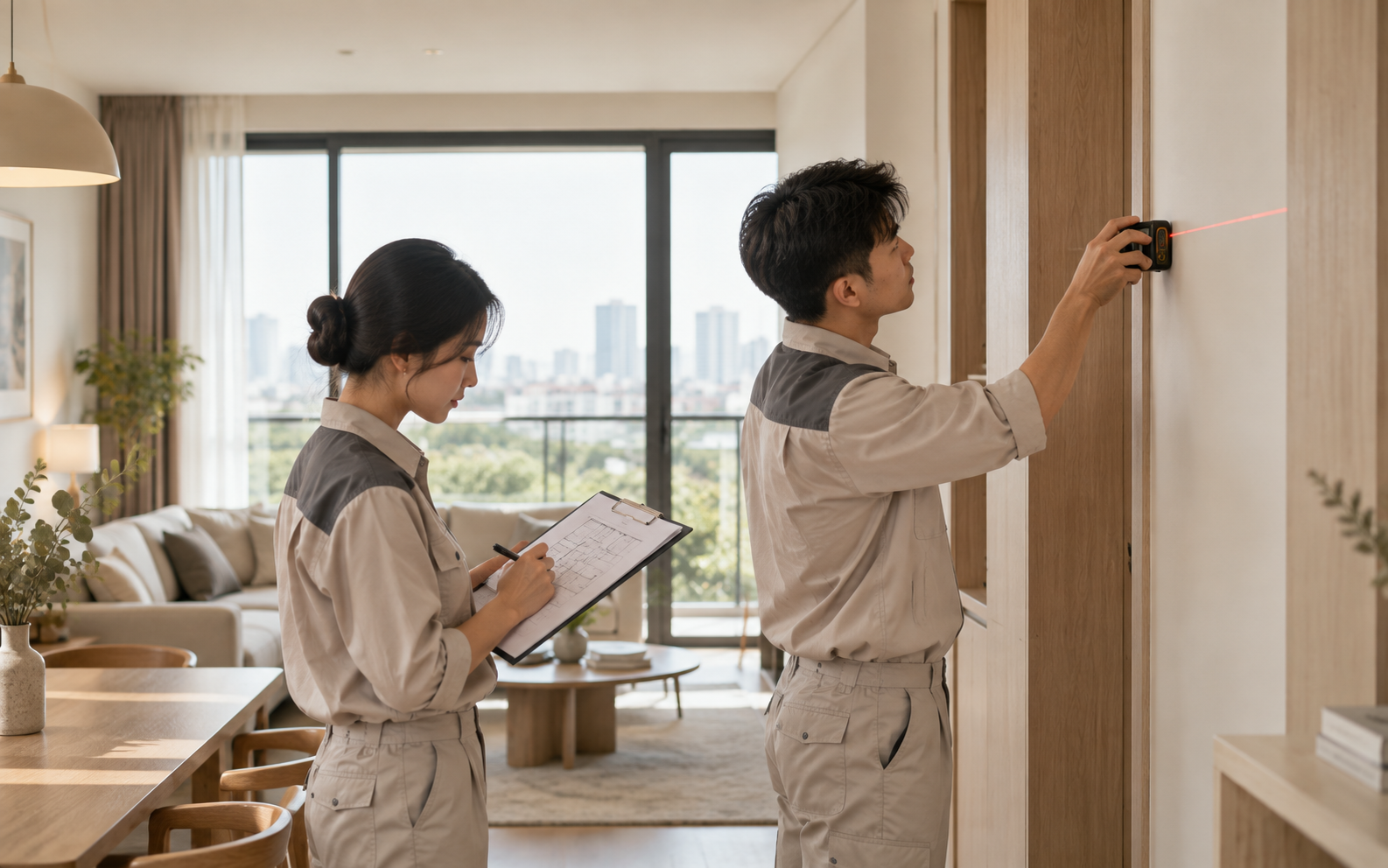 Đội ngũ Tâm Mộc khảo sát hiện trạng nội thất căn hộ